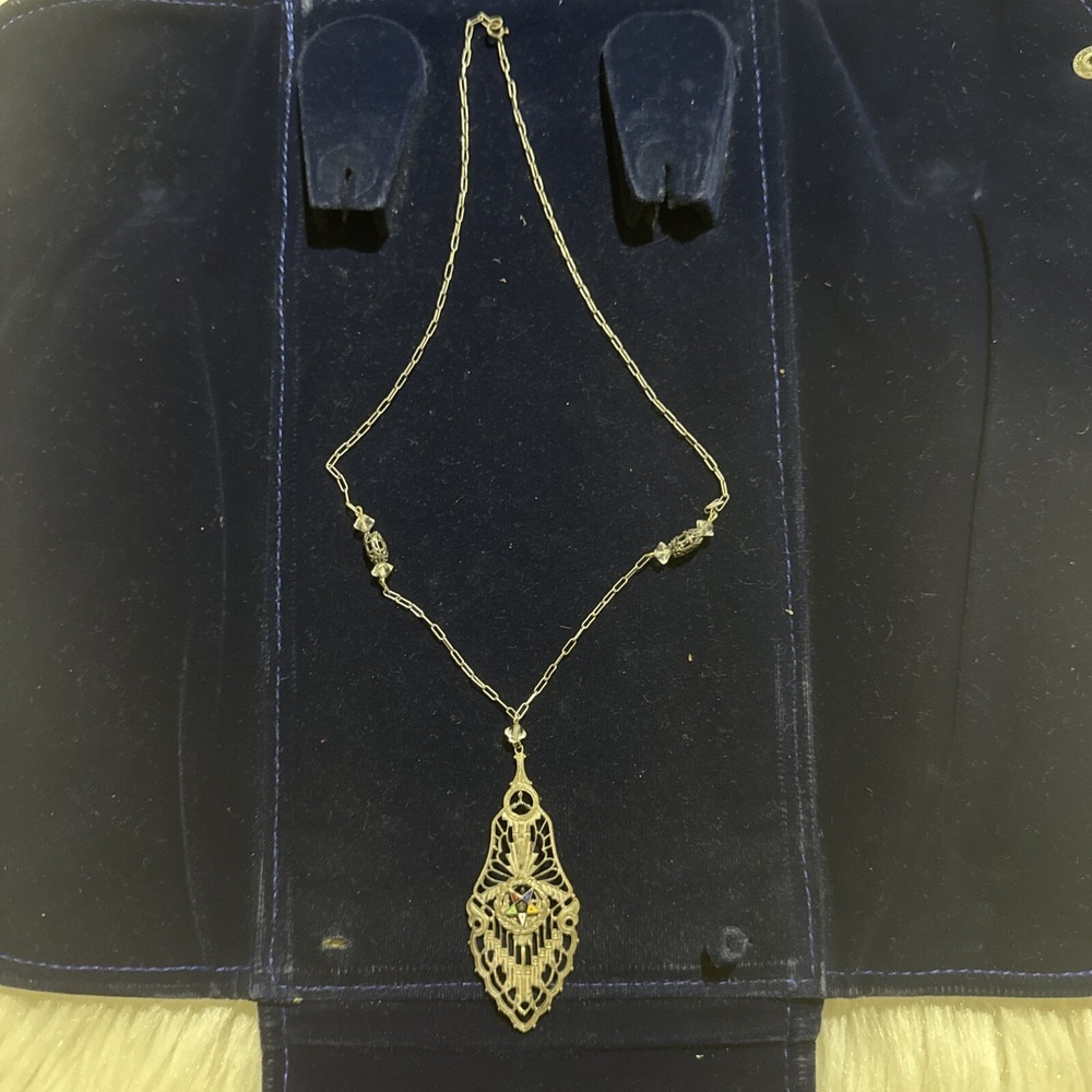 Antique Art Deco Filigree Sterling Silver Necklace Masonic Star Gorgeous 18 Inch